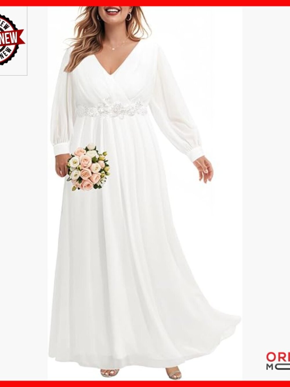 Plus Size Formal Evening Gown Long Sleeve Chiffon Maxi Dress Wedding - Picture 1 of 7